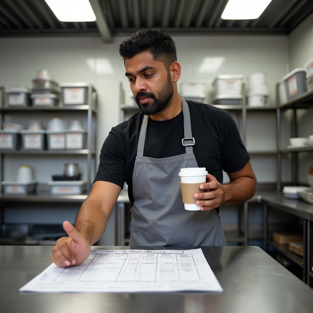 Food truck operator reviewing commissary scheduling documents spread across a stainless steel prep table in a shared kitchen