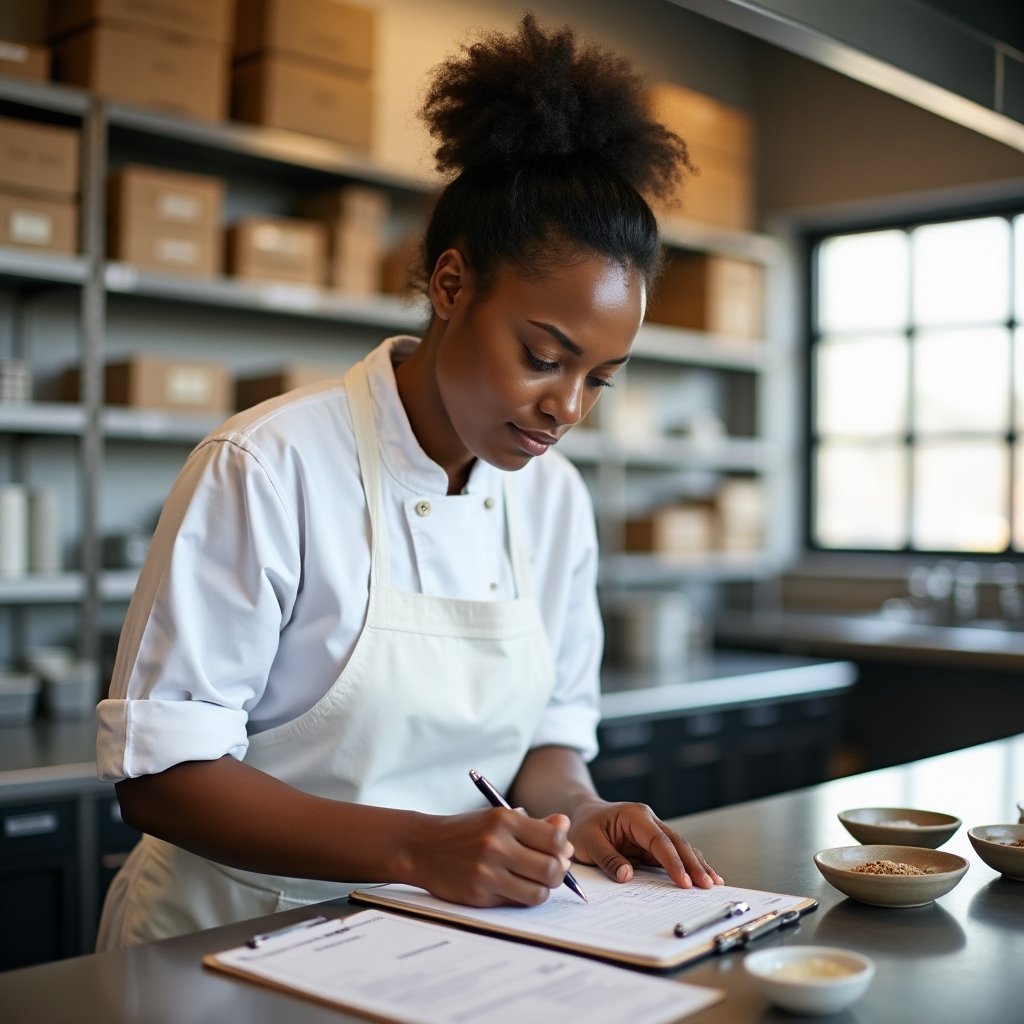 Food truck operator writing detailed recipe and process documentation at a commissary kitchen